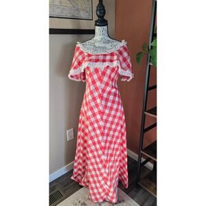 Vintage Handmade 70s Red Gingham Maxi Dress Lace Trim Ruffle Off Shoulder Small